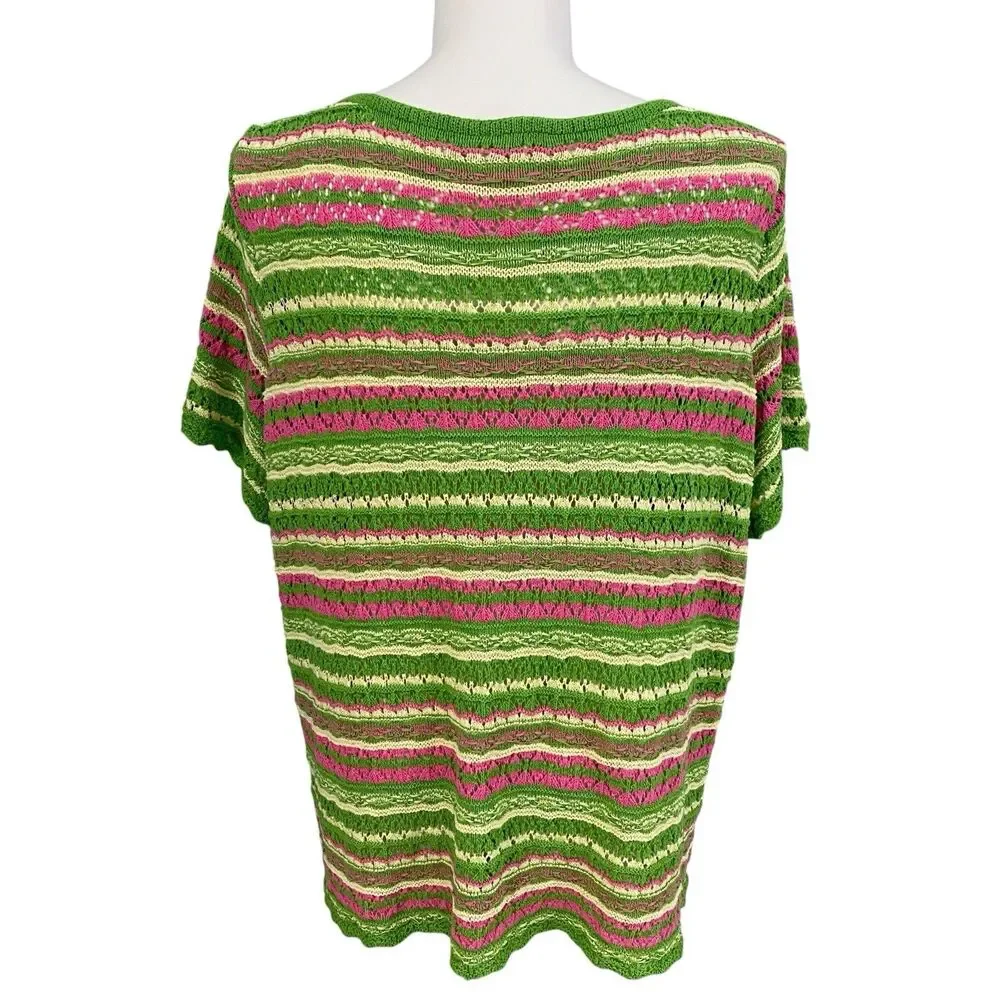Bell Boho Sweater Womens 2X Green Pink Stripe Open Knit Crochet Short Sleeve